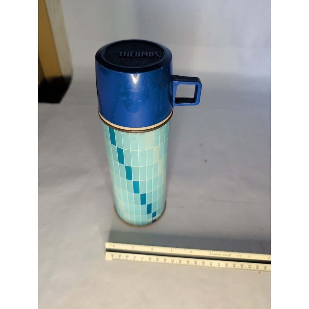 Vintage Thermos Blue Mosaic Vacuum Bottle